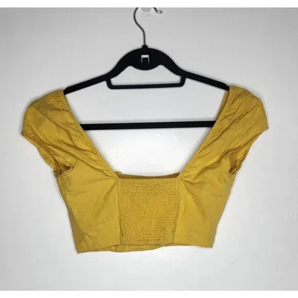 Urban Outfitters Crop Top Small Yellow Linen Blend Square Neck Buttons Academia - Picture 4 of 6